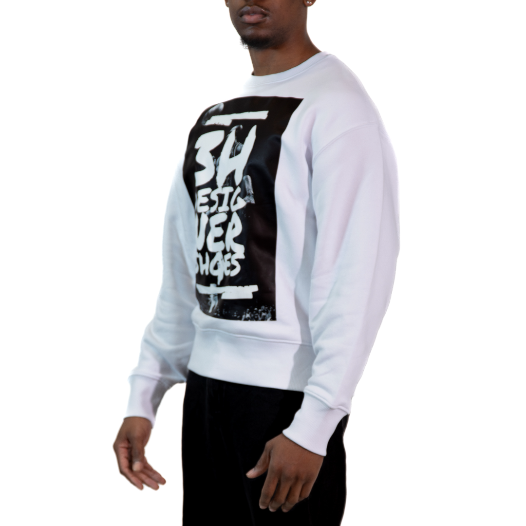 3H White Unisex Easy Crewneck Loose Fit Cotton Blend Sweater