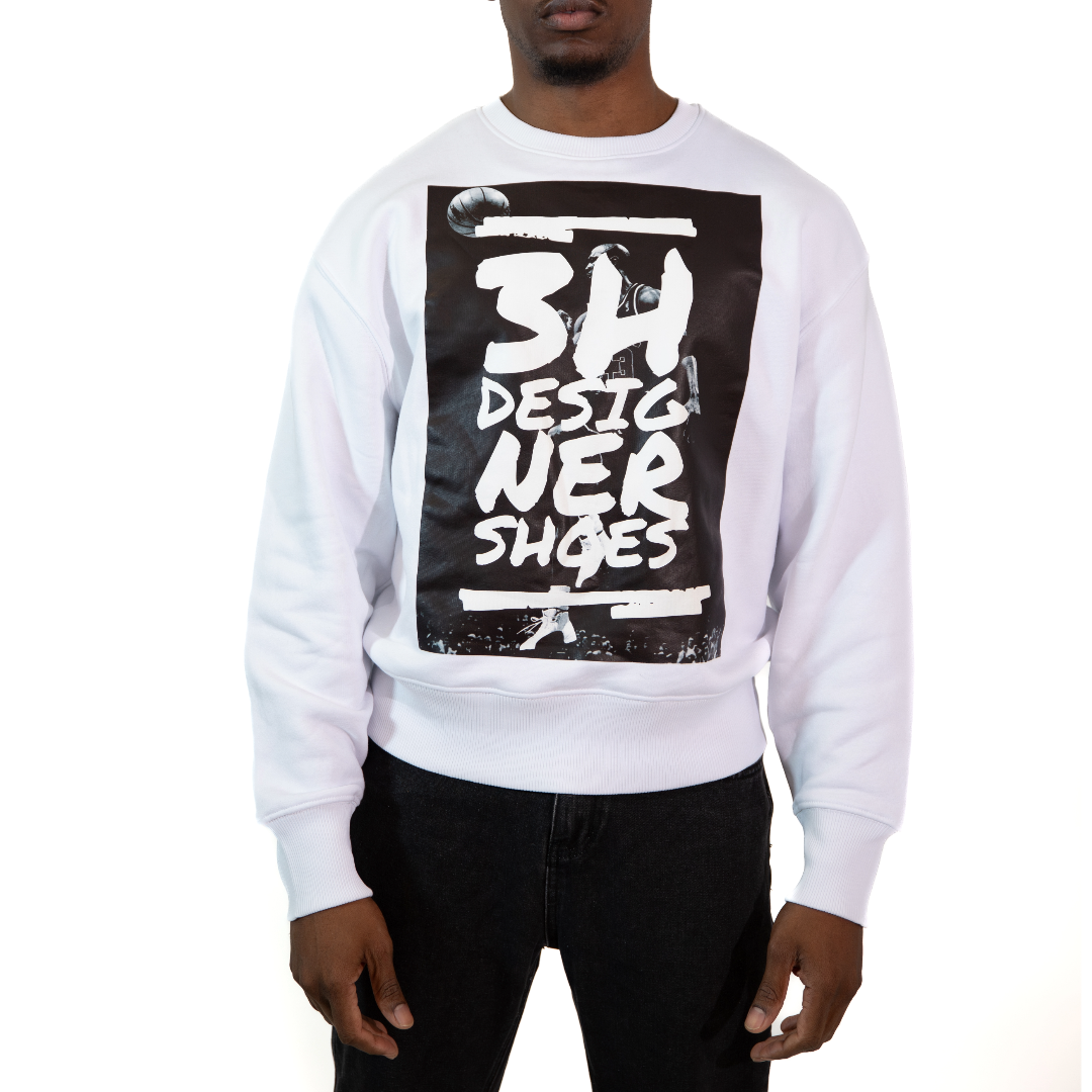 3H White Unisex Easy Crewneck Loose Fit Cotton Blend Sweater