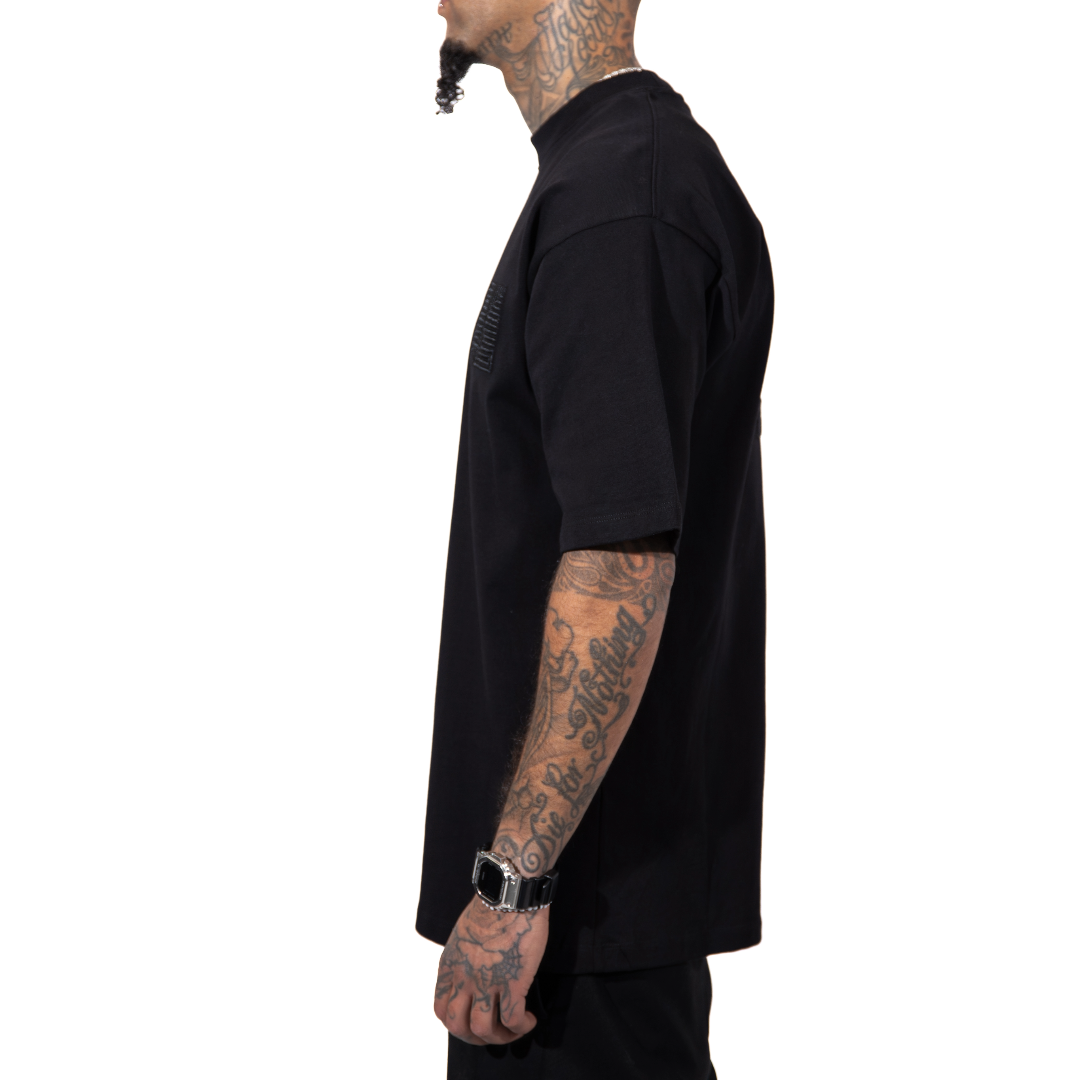 3H x CLRS Zwart ton-sur-ton Heavy Relax Fit T-shirt van 100% katoen met korte mouwen en 3D-geborduurd ontwerp