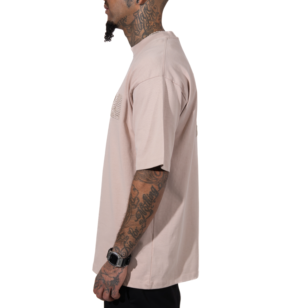 3H x CLRS Beige ton-sur-ton Heavy Relax Fit T-shirt van 100% katoen met korte mouwen en 3D-geborduurd ontwerp